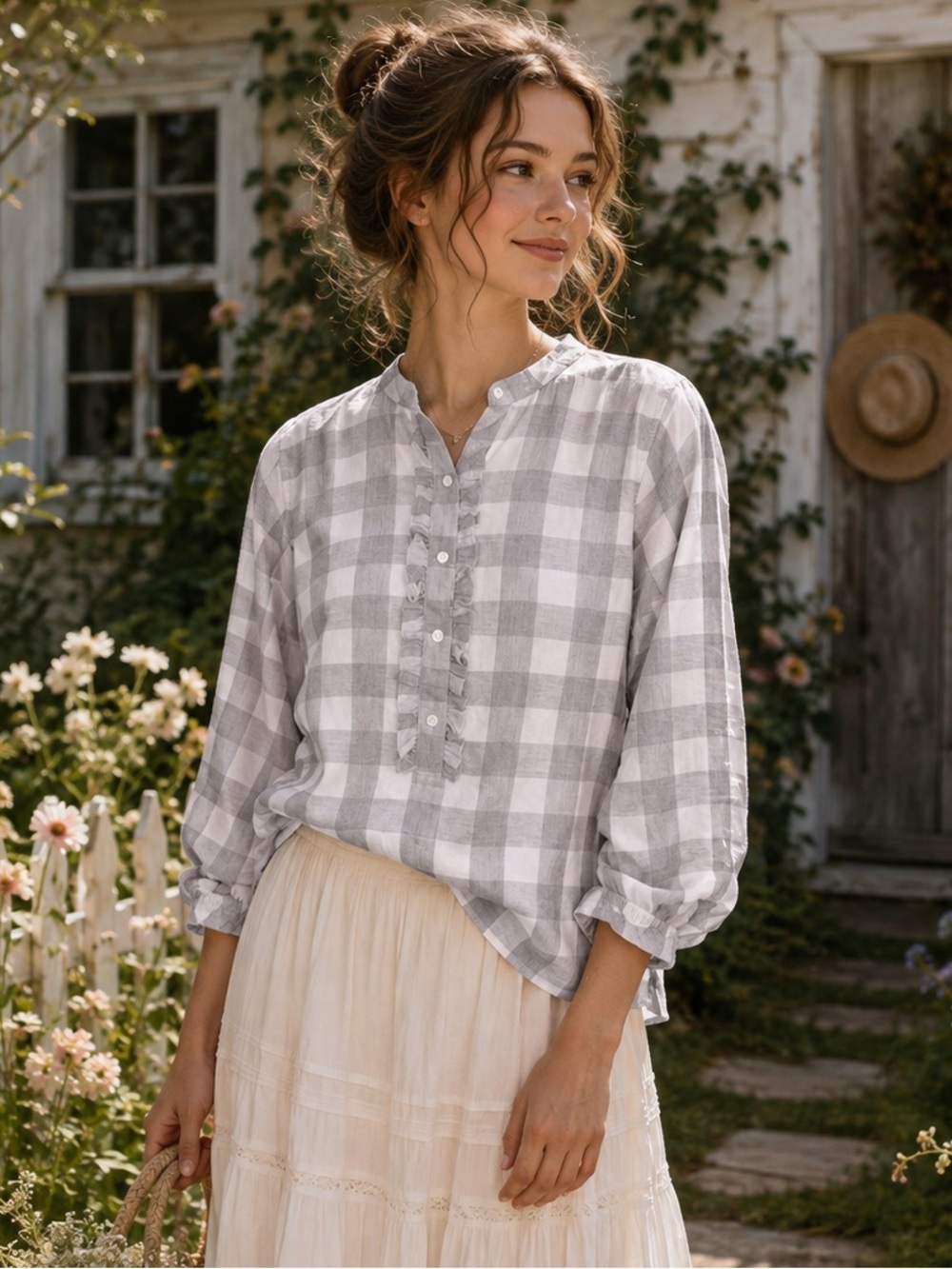J. Crew Mercantile Prairie Cottage Gray Plaid Ruffle Neck Blouse Size XS